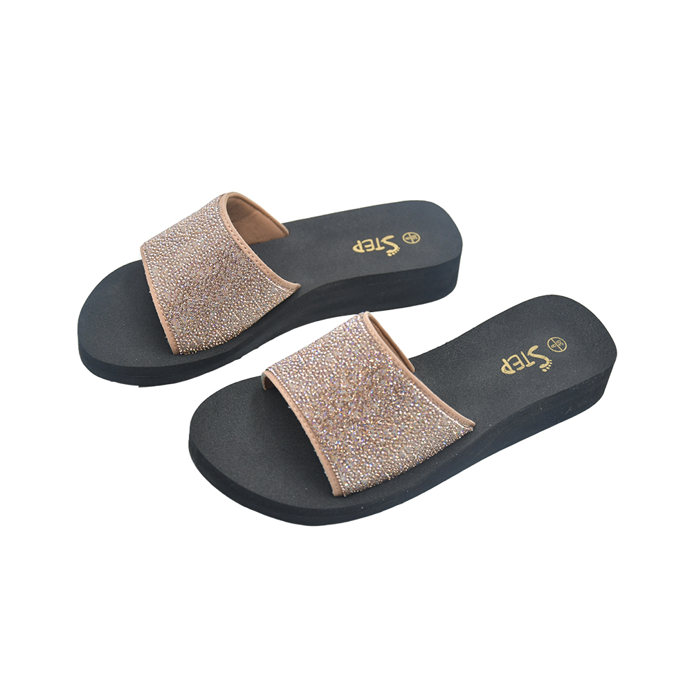 Step ALAN Platform Slide Slipper - Rose Gold - Pair View - Sandal n Shoe - Trade Step ALAN women's wedge platform slide slipper in rose gold with micro-crystal rhinestone band - pair front view - Sandal n Shoe - Trade