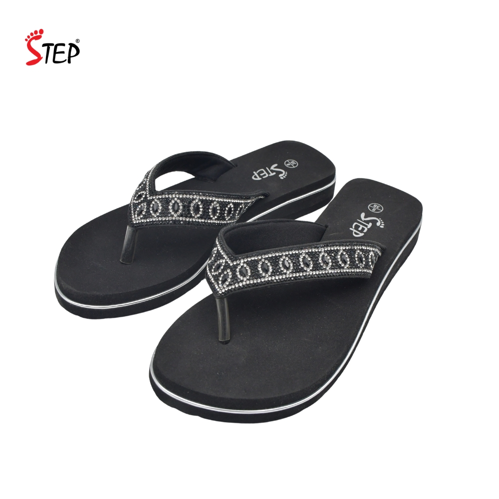 Step AMAL Platform Flip-Flop Slipper - Black & White - Pair View - Sandal n Shoe - Trade Step AMAL women's platform thong flip-flop slipper in black and white crystal rhinestone straps - pair front view - Sandal n Shoe - Trade