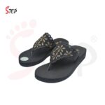 Step AYLA women's wedge platform thong flip-flop slipper in black with scalloped floral embroidered strap - pair front view - Sandal n Shoe - Trade