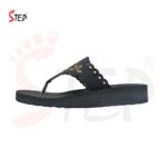 Step AYLA women's wedge platform thong flip-flop slipper in black with scalloped floral embroidered strap - lateral side profile view - Sandal n Shoe - Trade