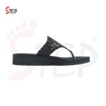 Step AYLA women's wedge platform thong flip-flop slipper in black with scalloped floral embroidered strap - medial side profile view - Sandal n Shoe - Trade