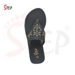 Step AYLA women's wedge platform thong flip-flop slipper in black with scalloped floral embroidered strap - top-down footbed view - Sandal n Shoe - Trade