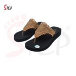 Step AYLA women's wedge platform thong flip-flop slipper in champagne gold with scalloped floral embroidered strap - pair front view - Sandal n Shoe - Trade