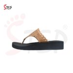 Step AYLA women's wedge platform thong flip-flop slipper in champagne gold with scalloped floral embroidered strap - lateral side profile view - Sandal n Shoe - Trade