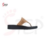 Step AYLA women's wedge platform thong flip-flop slipper in champagne gold with scalloped floral embroidered strap - medial side profile view - Sandal n Shoe - Trade