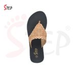 Step AYLA women's wedge platform thong flip-flop slipper in champagne gold with scalloped floral embroidered strap - top-down footbed view - Sandal n Shoe - Trade