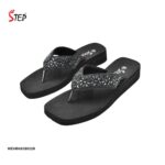 Step EVONA women's platform thong flip-flop slipper in black with floral rhinestone crystal embellishment - pair front view - Sandal n Shoe - Trade