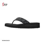 Step EVONA women's platform thong flip-flop slipper in black with floral rhinestone crystal embellishment - outer side profile view - Sandal n Shoe - Trade