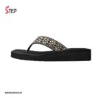 Step EVONA women's platform thong flip-flop slipper in rose gold with floral rhinestone crystal embellishment - outer side profile view - Sandal n Shoe - Trade