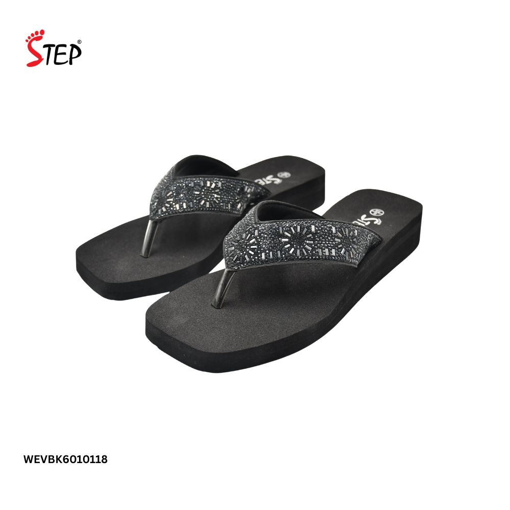Step JOYCE Platform Flip-Flop Slipper - Black - Pair View - Sandal n Shoe - Trade Step JOYCE women's platform thong flip-flop slipper in black with sunburst crystal embellishment - pair front view - Sandal n Shoe - Trade