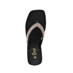 Step MAURO women's wedge platform thong flip-flop slipper in gold with diamond-lattice rhinestone crystal straps - square-toe top-down footbed view - Sandal n Shoe - Trade