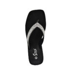 Step MAURO women's wedge platform thong flip-flop slipper in silver with diamond-lattice rhinestone crystal straps - square-toe top-down footbed view - Sandal n Shoe - Trade