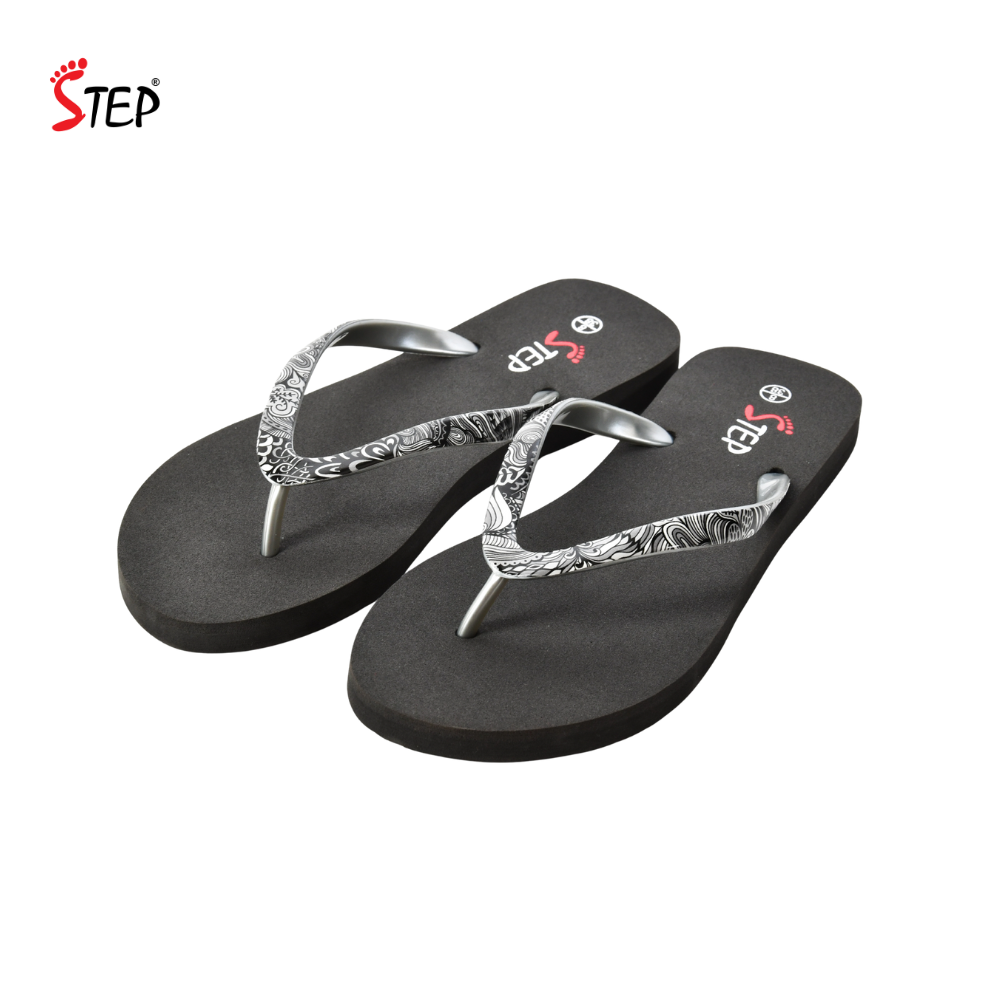 Step NORA-25 Slipper - Black Print - Pair View - Sandal n Shoe - Trade Step NORA-25 women's flip-flop slipper in black print - pair front view - Sandal n Shoe - Trade