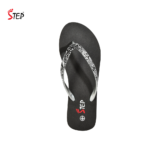 Step NORA-25 women's flip-flop slipper in black print - top-down footbed view - Sandal n Shoe - Trade