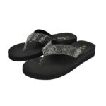 Step SAGE women's wedge platform thong flip-flop slipper in black with micro-crystal pavé straps - pair front view - Sandal n Shoe - Trade