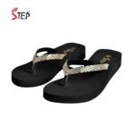 Step SALVIA PRO women's wedge platform slipper with rhinestone straps in gold - pair front view - Sandal n Shoe - Trade