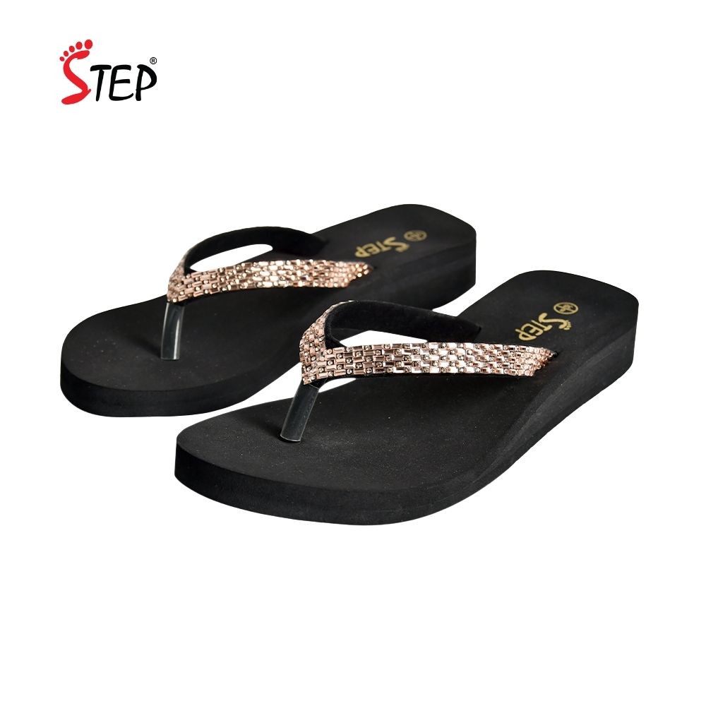 Step SALVIA PRO Platform Slipper - Rose Gold - Pair View - Sandal n Shoe - Trade Step SALVIA PRO women's wedge platform slipper with rhinestone straps in rose gold - pair front view - Sandal n Shoe - Trade