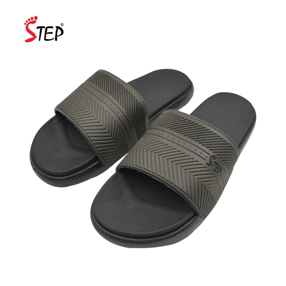 Step SHOWN Slide Sandal - Olive - Pair View - Sandal n Shoe - Trade Step SHOWN men's slide sandal in olive - pair front view - Sandal n Shoe - Trade